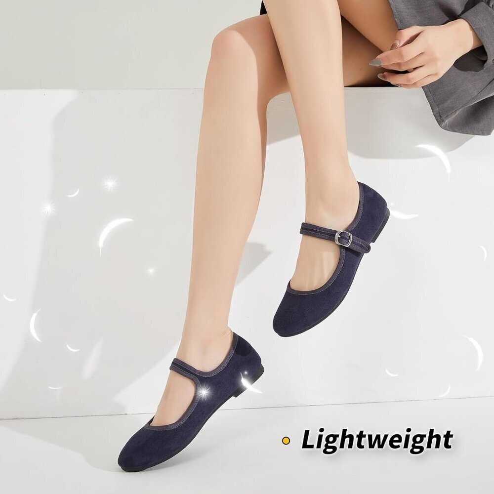 Babudog Womens Navy Faux Suede Rounded Toe Ankle Strap With Buckle Flats - Picture 5 of 9
